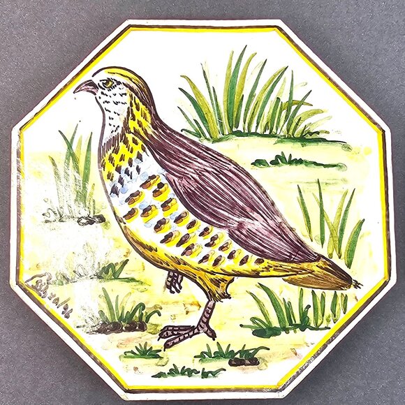 1996 Hand-Painted Ceramic Bird Set Of 2 Octagonal Cork Back Signed Art 6x6 - Picture 2 of 8